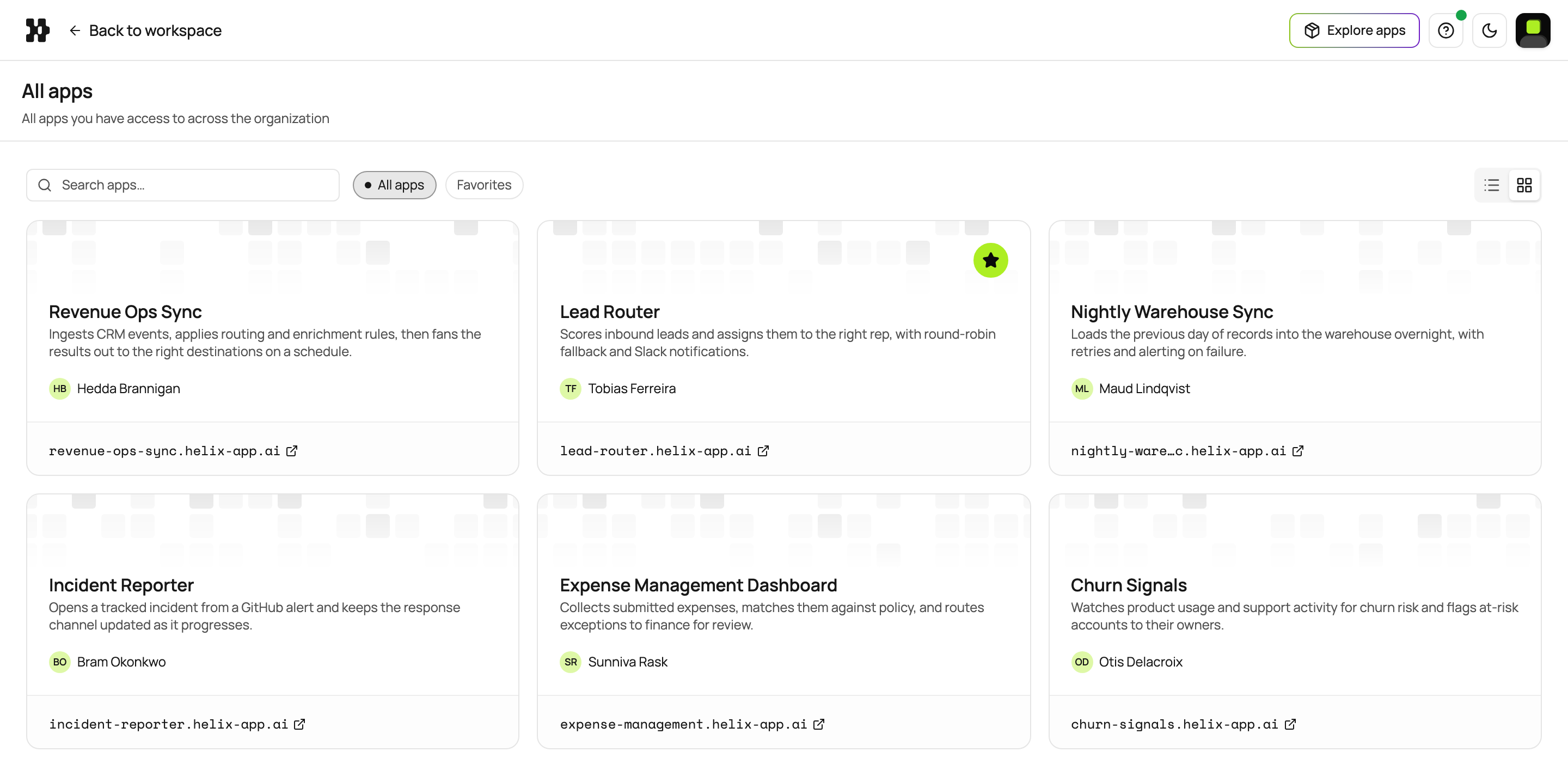 The All apps page in grid view, with a search box, All apps and Favorites tabs, and a card for each app showing its name, description, creator, and URL