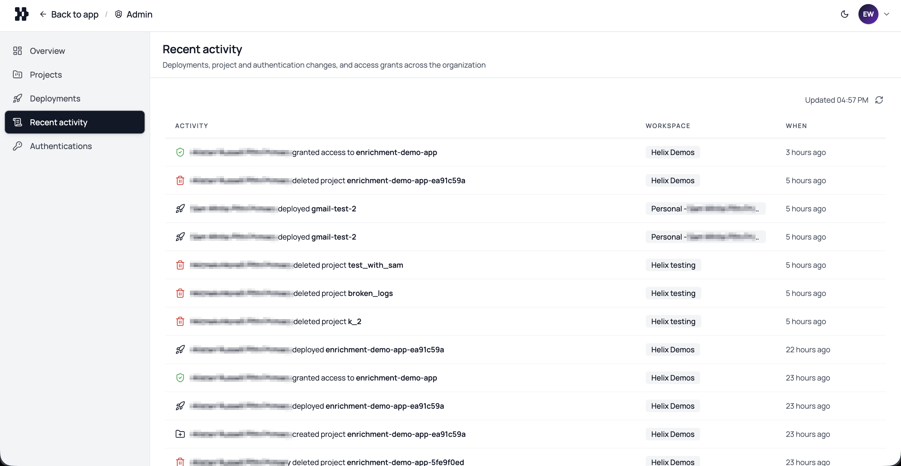 Helix admin audit trail showing an immutable log of deployments, access, and policy changes