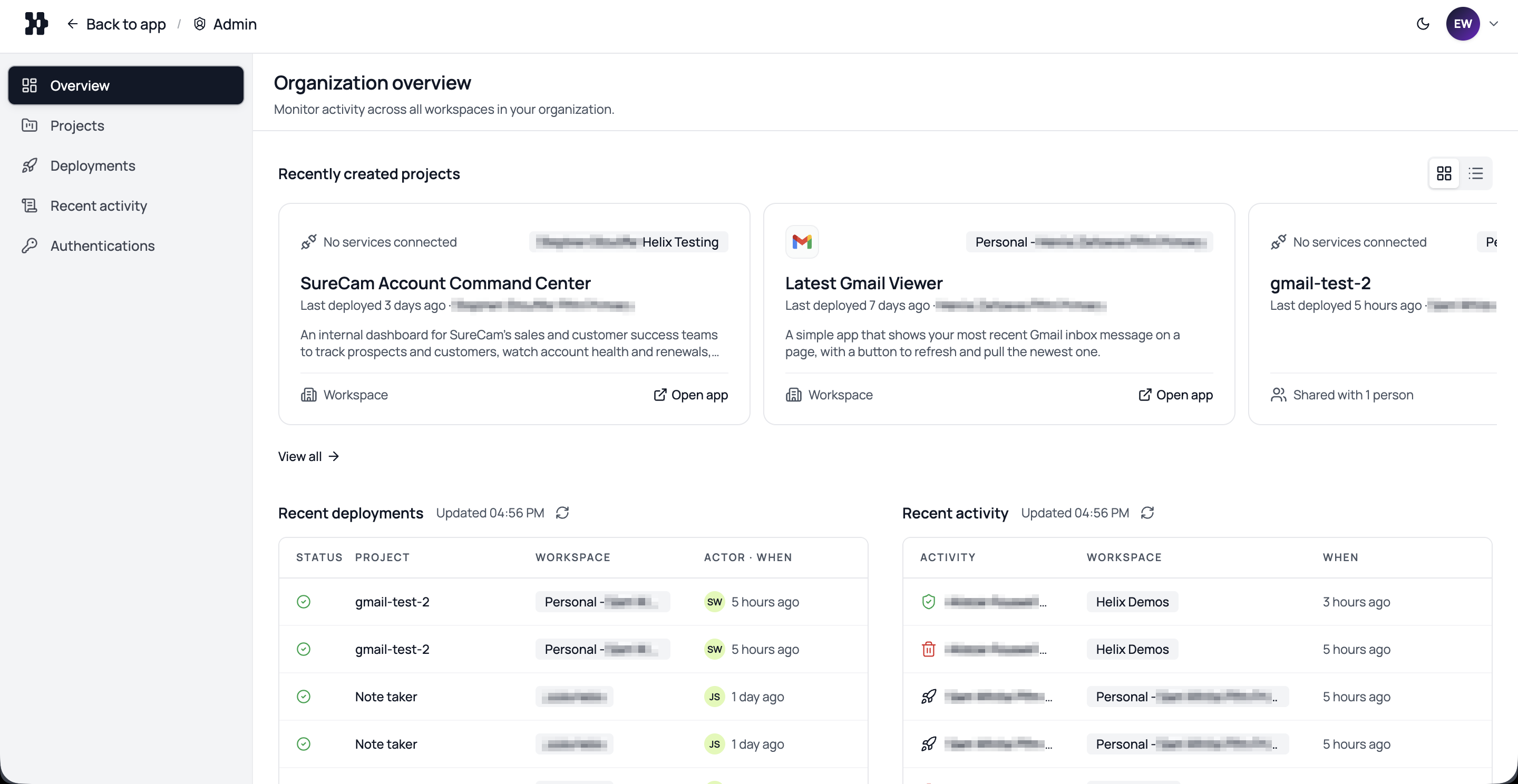 Helix organization overview dashboard showing every app, deployment, and activity across workspaces