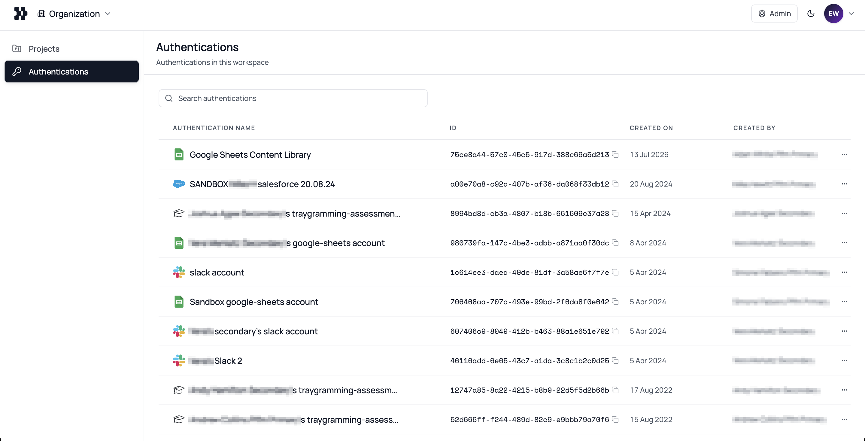 Helix authentications view showing managed credentials for connected services