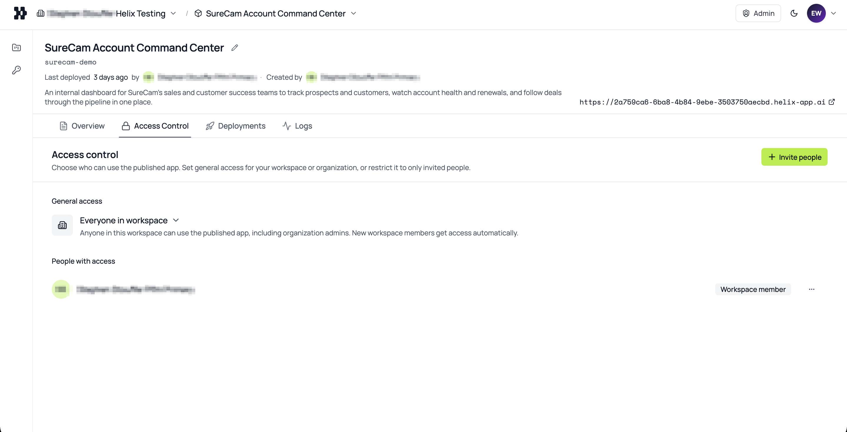 Helix access control view with role-based permissions for an app