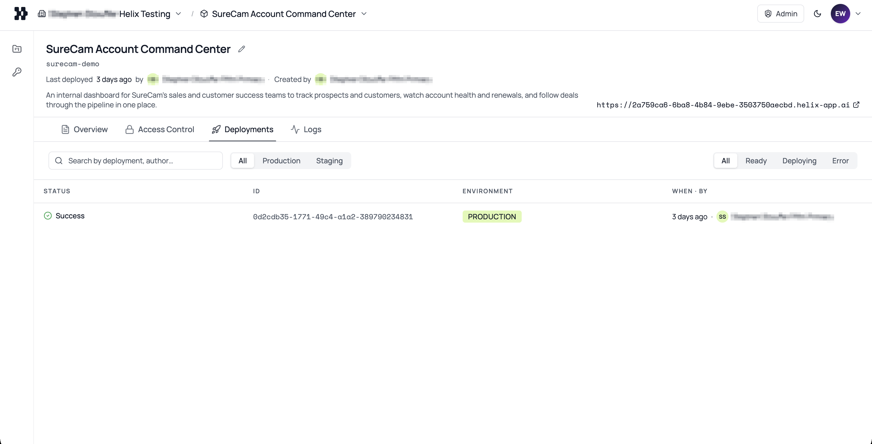 Helix deployments view showing a successful production deployment