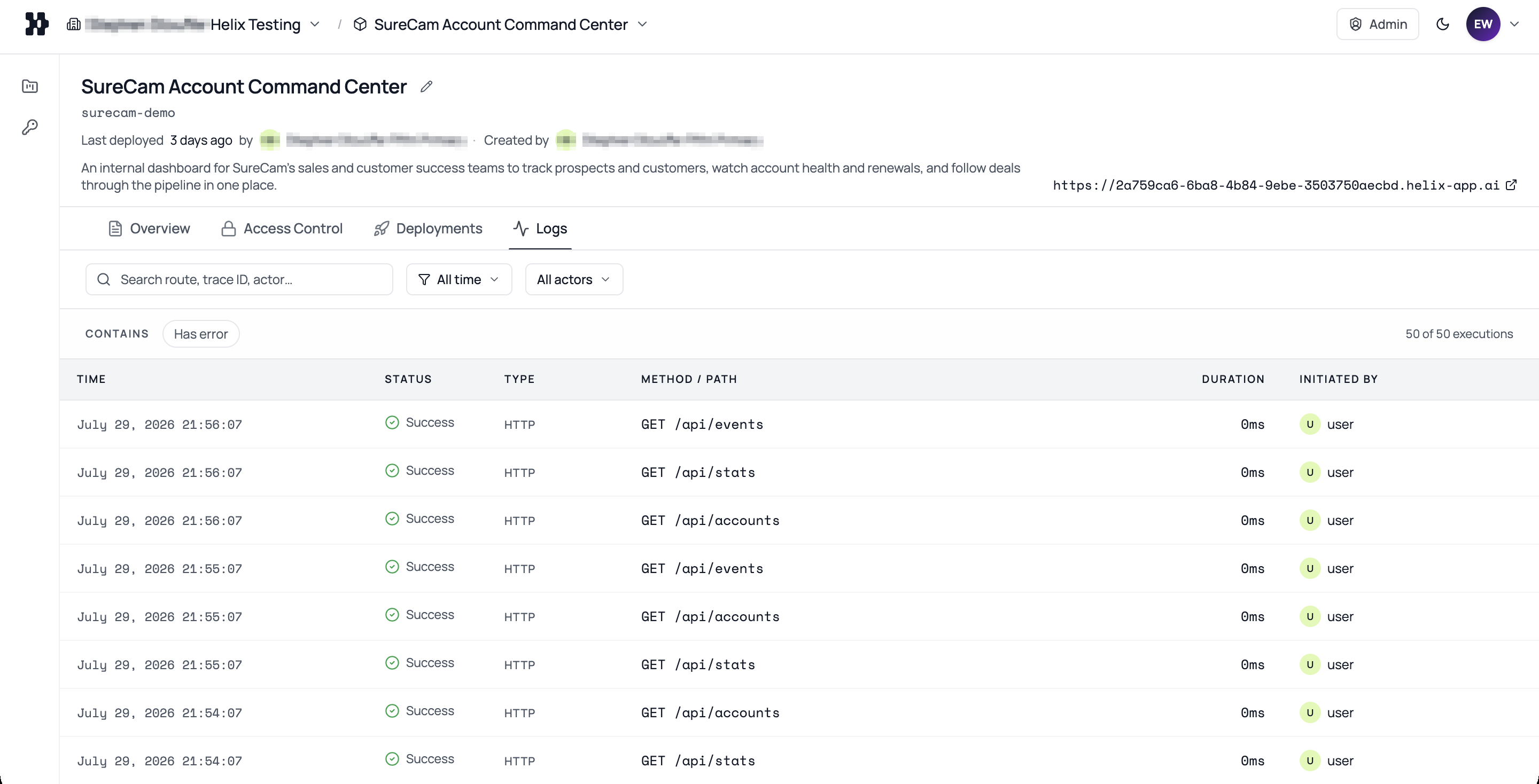Helix logs view with real-time application logs and monitoring