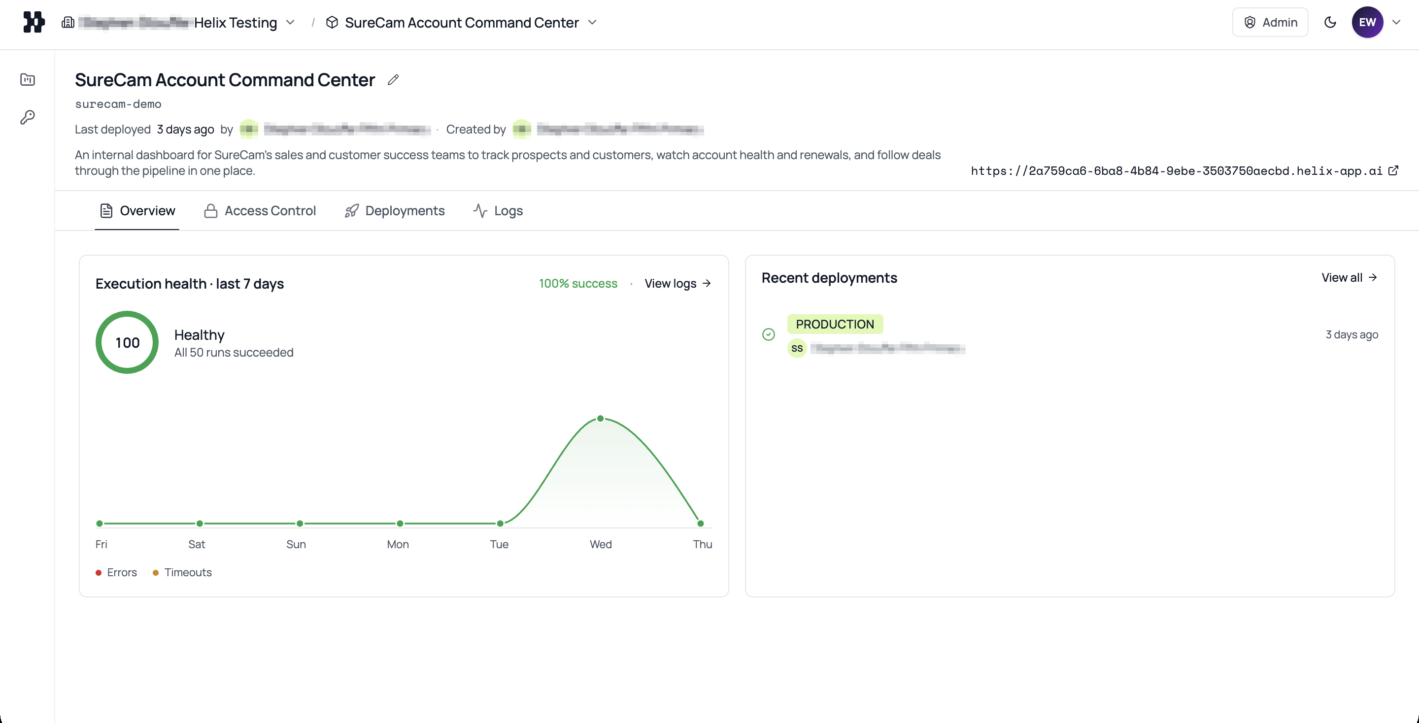 Helix project overview showing a running app and its managed resources