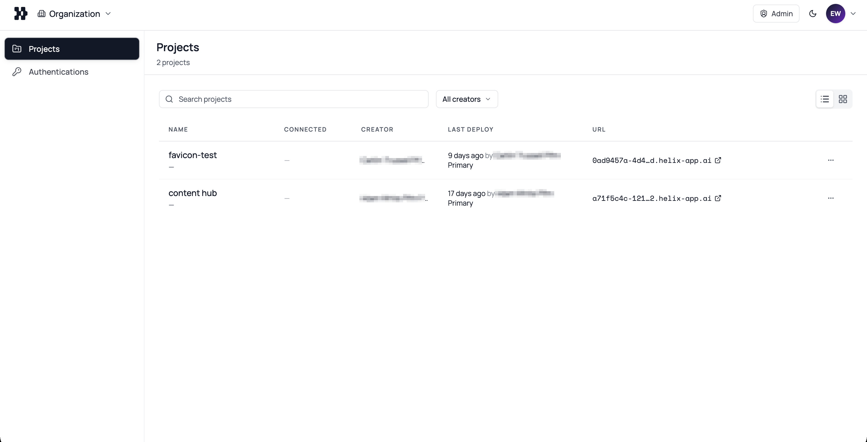 Helix projects view listing apps that teams have built and shipped