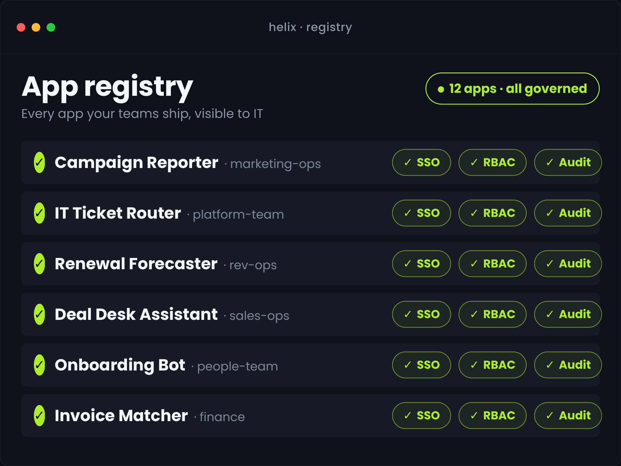 The Helix app registry listing deployed apps with their owners